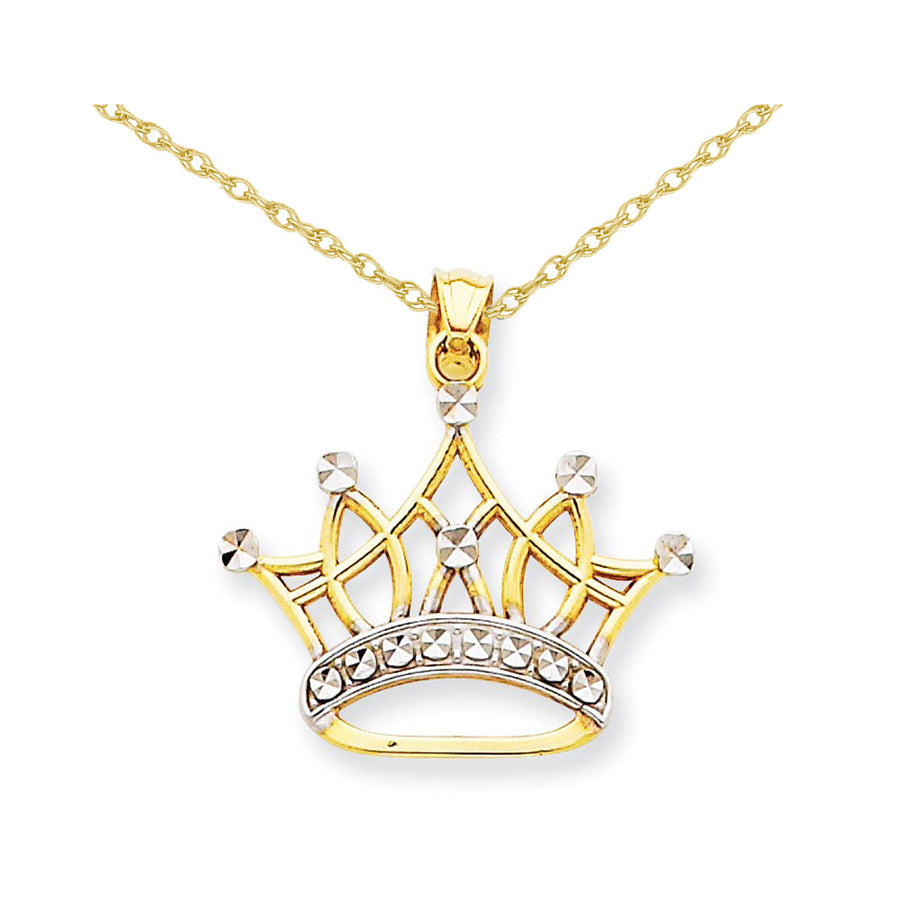14K Yellow and White Gold Crown Pendant Necklace with Chain Image 1