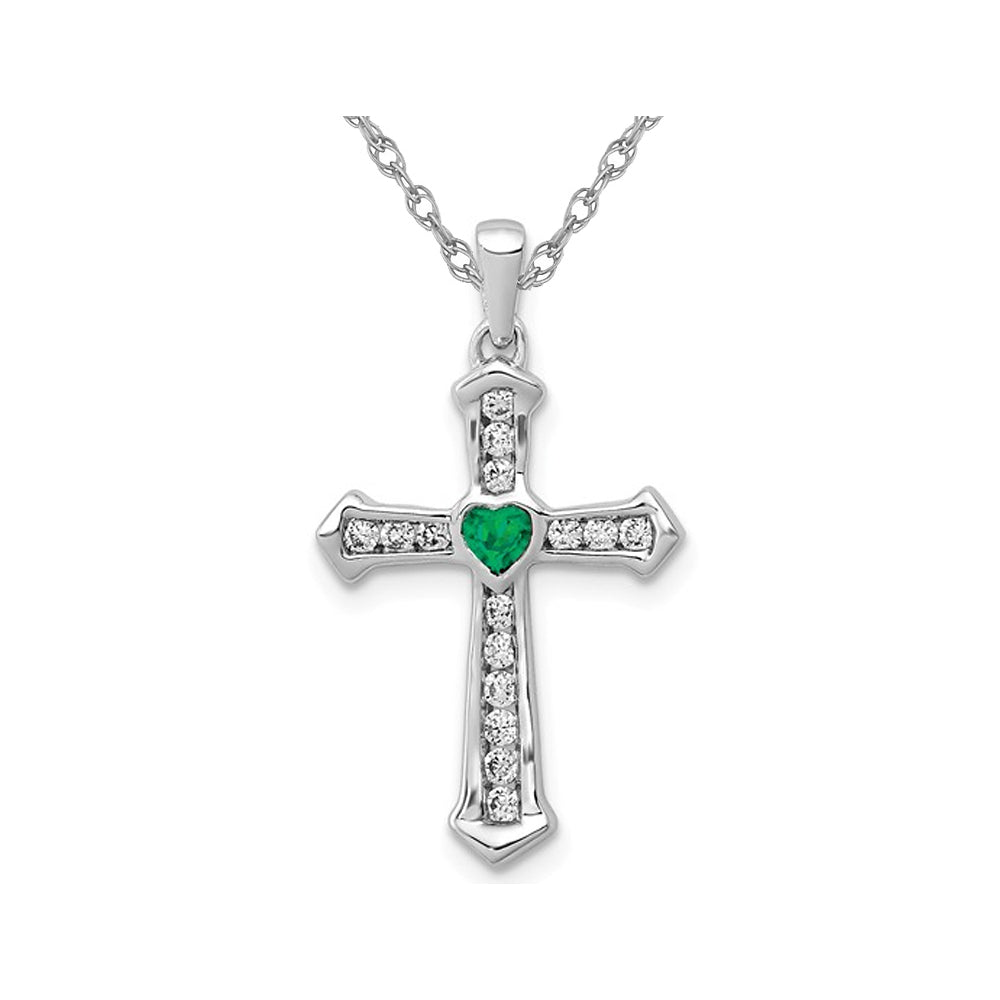 1/8 Carat (ctw) Lab-Created Emerald Cross Pendant Necklace 14K White Gold with Lab Created Diamonds Image 1