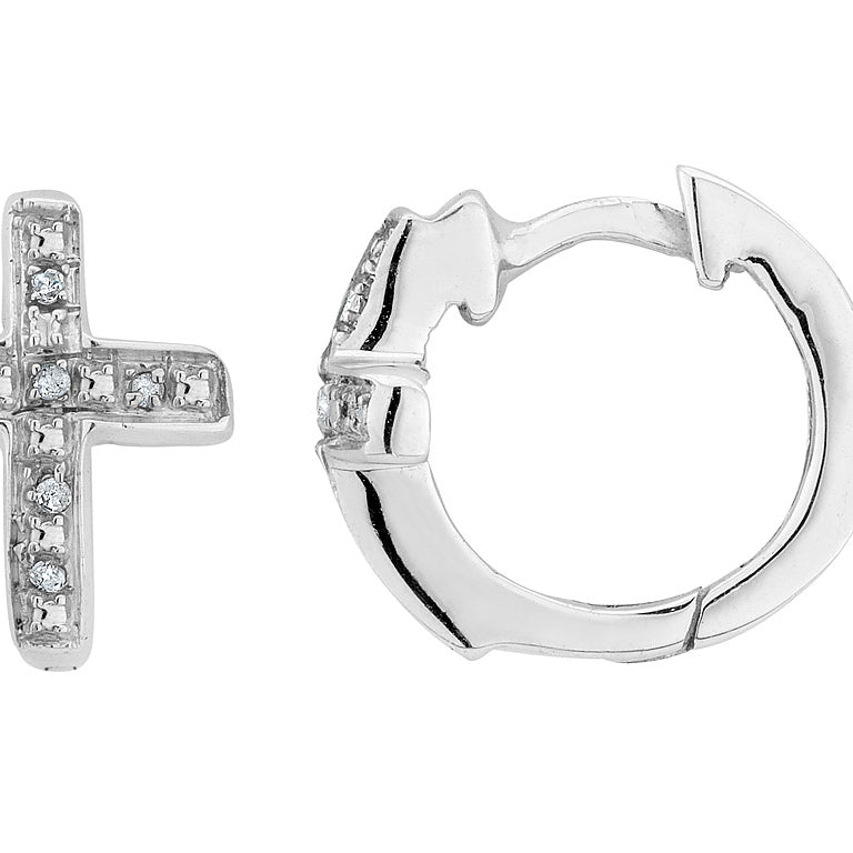 1/20 Carat (ctw) Diamond Cross Huggy Hoop Earrings in Sterling Silver Image 1