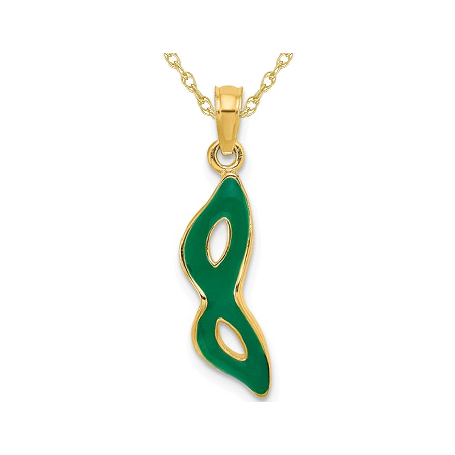 14K Yellow Gold Green Enamel Mask Charm Pendant Necklace with Chain Image 1