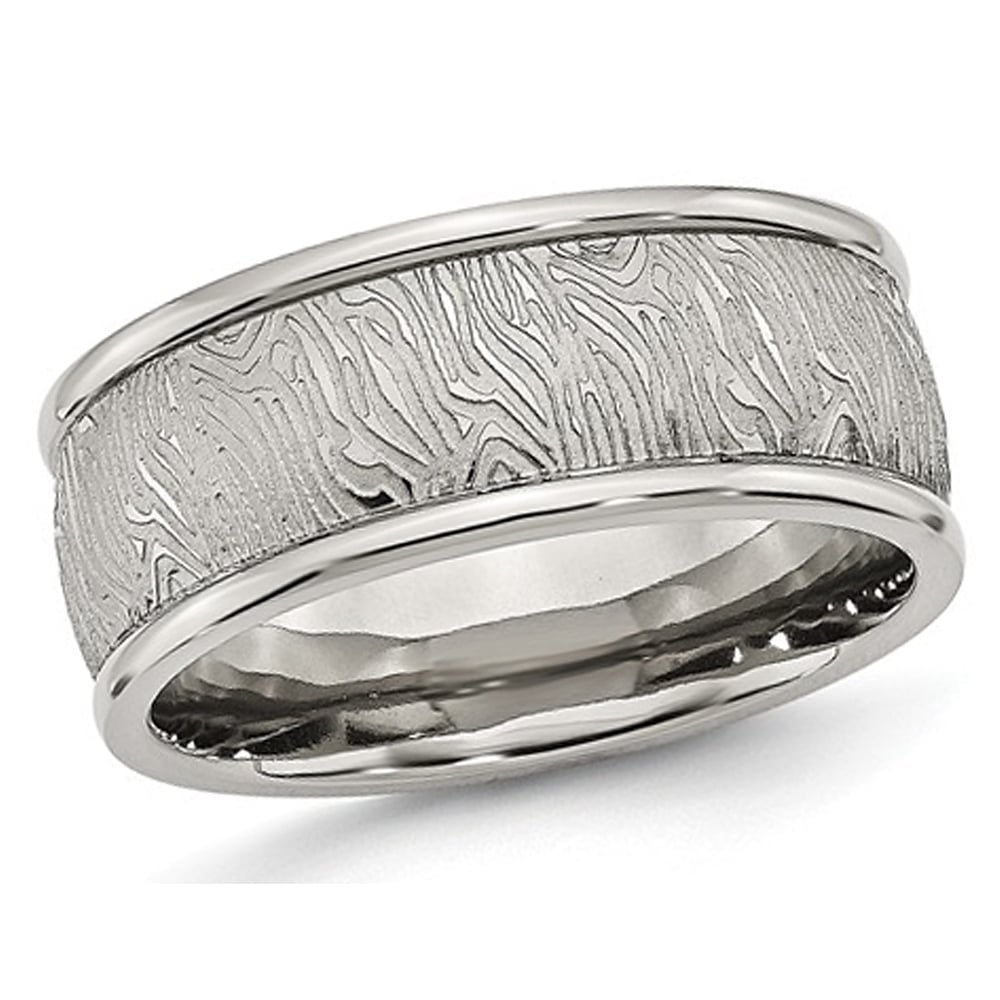 Mens Stainless Steel 9mm Textured Wedding Band Ring with Rounded Ridge Image 1