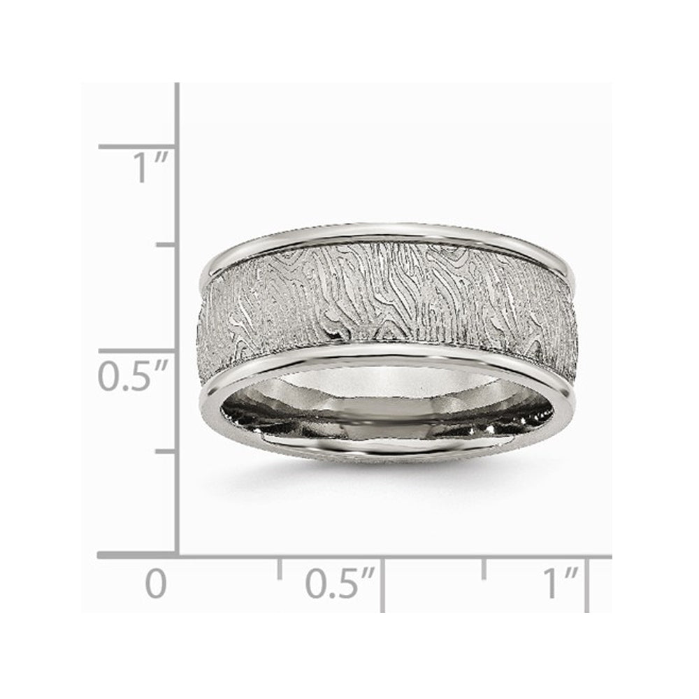 Mens Stainless Steel 9mm Textured Wedding Band Ring with Rounded Ridge Image 2