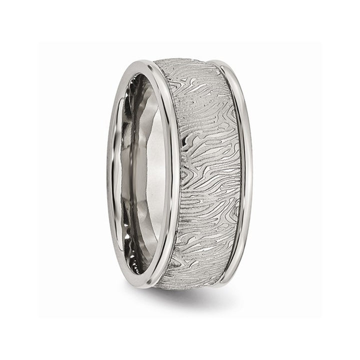 Mens Stainless Steel 9mm Textured Wedding Band Ring with Rounded Ridge Image 3