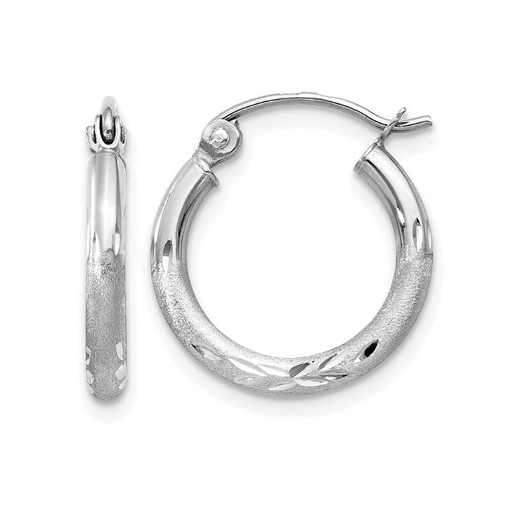 14K White Gold Diamond Cut Hoop Earrings Image 1