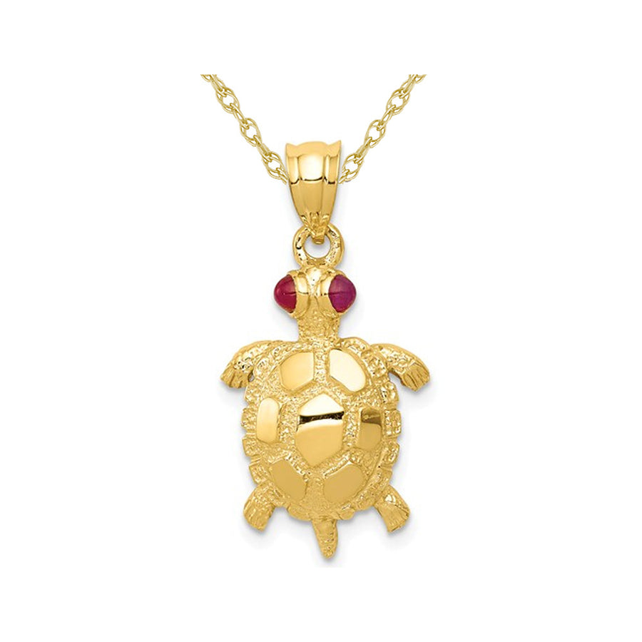 14K Yellow Gold Turtle Charm Pendant Necklace with Chain and Ruby Eyes Image 1