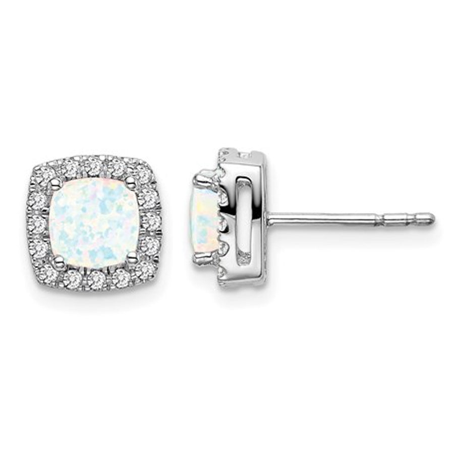 1.05 Carat (ctw) Lab-Created Opal Earrings in 14K White Gold with Diamonds Image 1