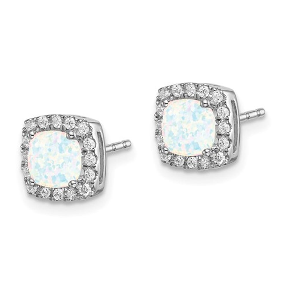 1.05 Carat (ctw) Lab-Created Opal Earrings in 14K White Gold with Diamonds Image 2