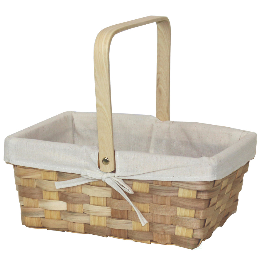 12 Inch Rectangular Woodchip Picnic Basket Lined with White Fabric Image 1