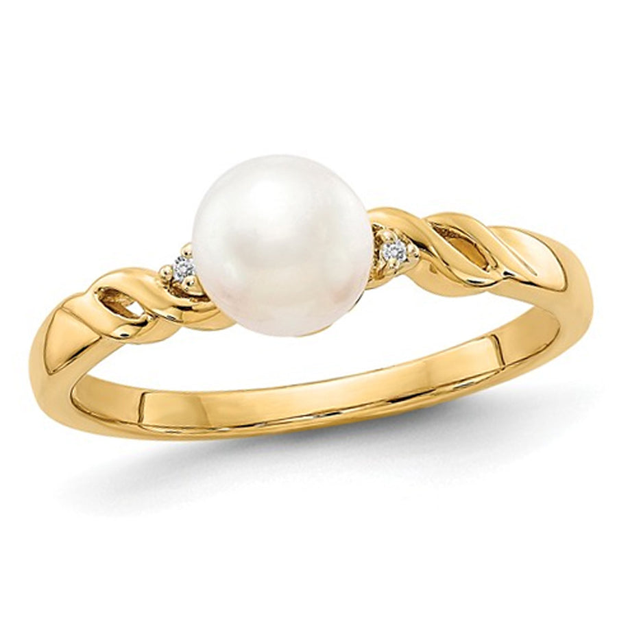 14K Yellow Gold 6mm Freshwater Cultured White Pearl Ring with Accent Diamonds Image 1