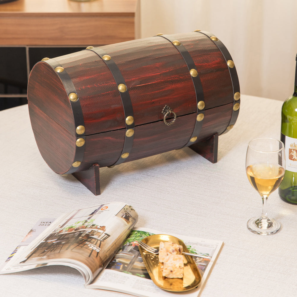 Wooden Wine Barrel Shaped Treasure Chest Vintage Decorative Wine Holder Image 2