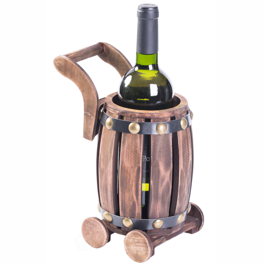 Vintage Wooden Barrel Cart Wine Holder Single Bottle Display Rustic Decor Image 1