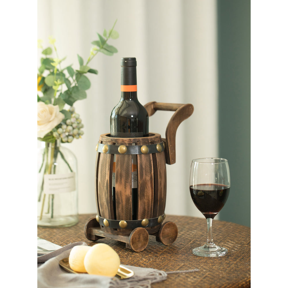 Vintage Wooden Barrel Cart Wine Holder Single Bottle Display Rustic Decor Image 2