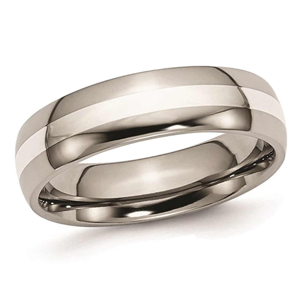 Ladies or Mens 6mm Comfort Fit Titanium Wedding Band Ring with Sterling Silver Inlay Image 1