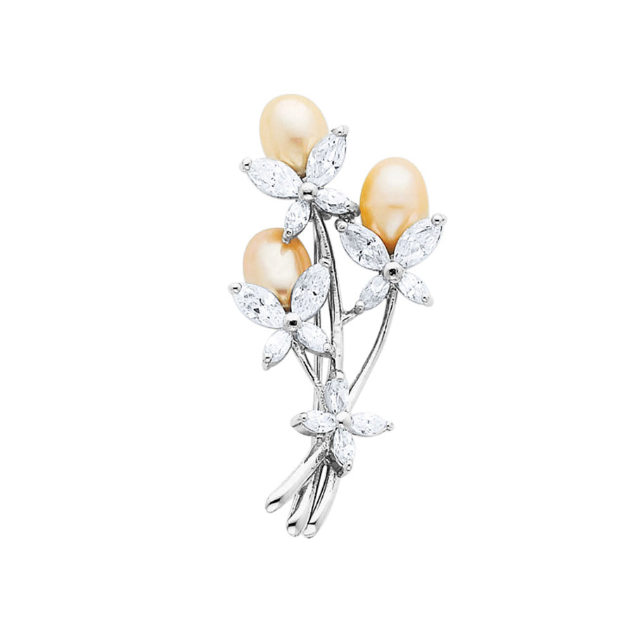 Cultured Pearl and Synthetic Cubic Zirconia (CZ) (CZ) Floral Brooch in Sterling Silver Image 1