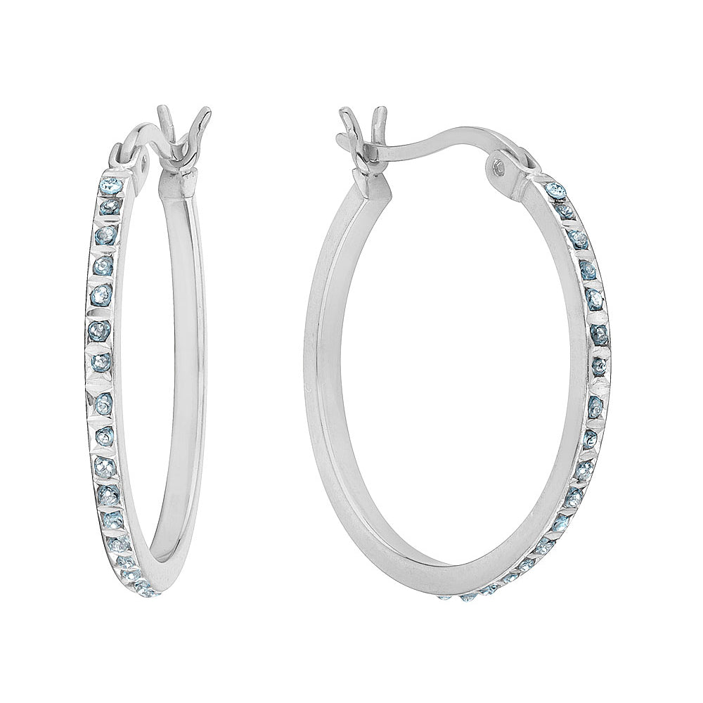 Accent Diamond Round Hoop Earrings in Sterling Silver (1 Inch) Image 2