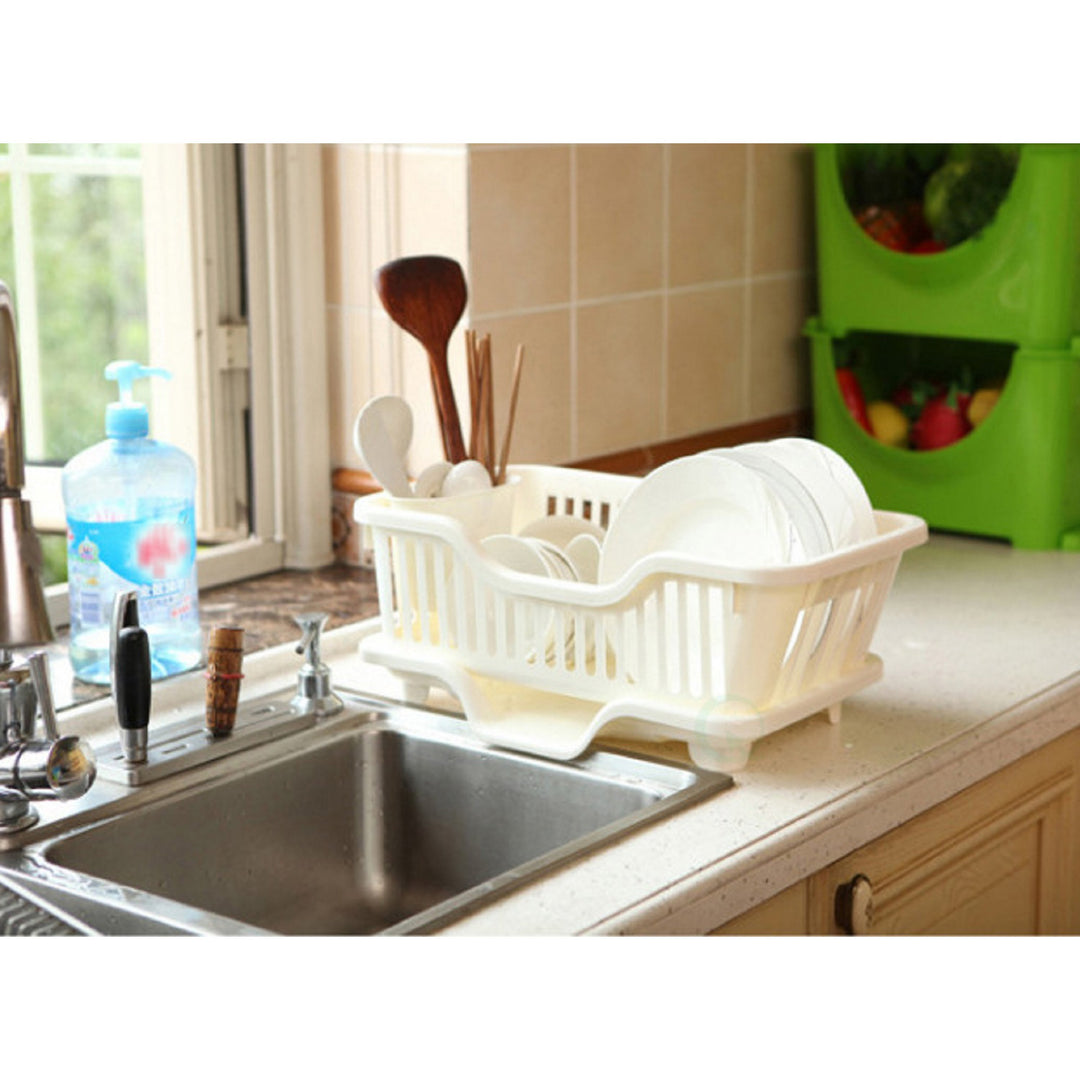 Heavy Duty Plastic Dish Drying Rack Set White Large Drainer with Utensil Cup Image 9