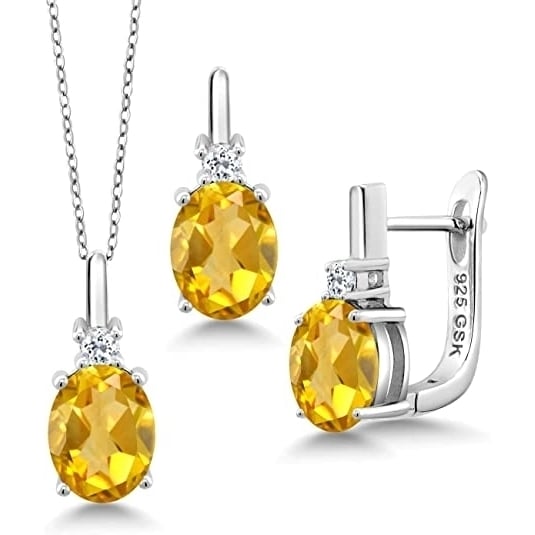 Gem Stone King 3.53 Ct Oval Yellow Citrine White Topaz 925 Sterling Silver Pendant Earrings Set Image 1