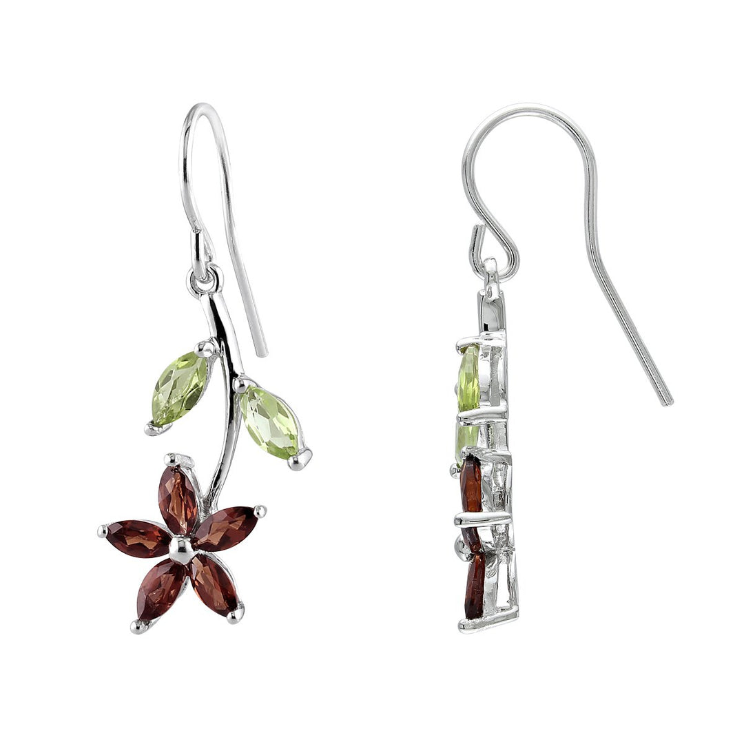 2.90 Carat (ctw) Garnet and Peridot Flower Earrings n Sterling Silver Image 1