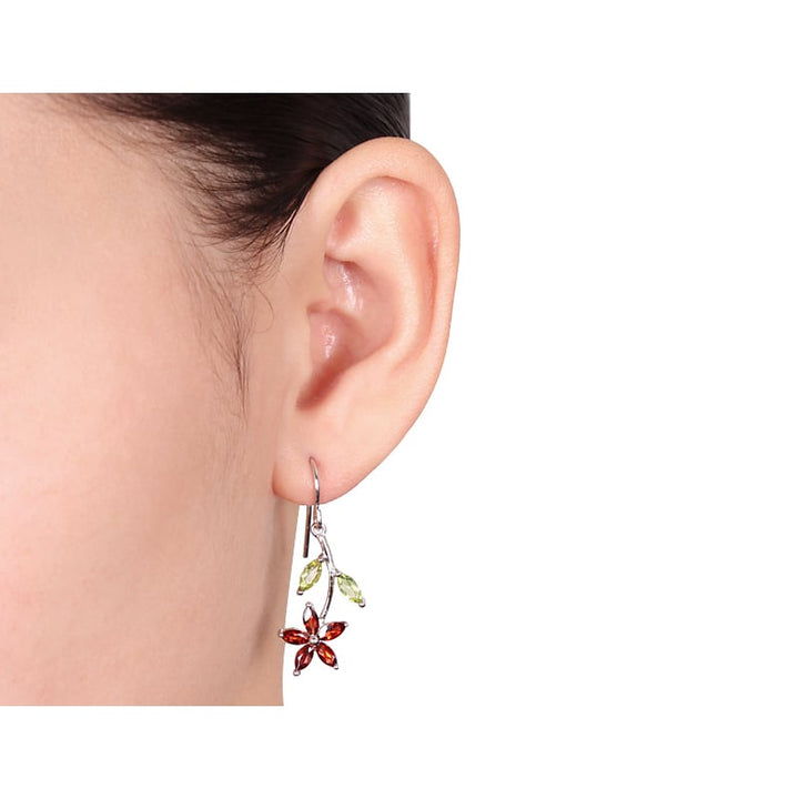 2.90 Carat (ctw) Garnet and Peridot Flower Earrings n Sterling Silver Image 3