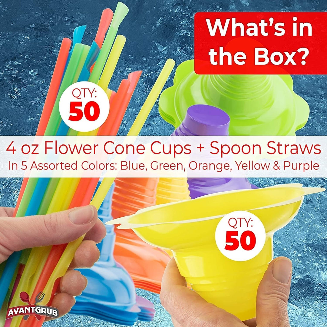 Super Cute Flower Cups and Spoon Straws Combo 50Pk. Colorful Leak Proof Small Bowls Are Perfect Snow Cone Supply for Image 1