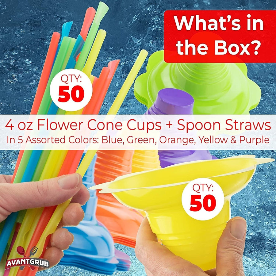 Super Cute Flower Cups and Spoon Straws Combo 50Pk. Colorful Leak Proof Small Bowls Are Perfect Snow Cone Supply for Image 1