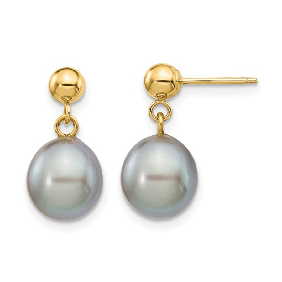 14K Yellow Gold Grey Rice Freshwater Cultured Pearl (8-9mm) Dangle Earrings Image 1