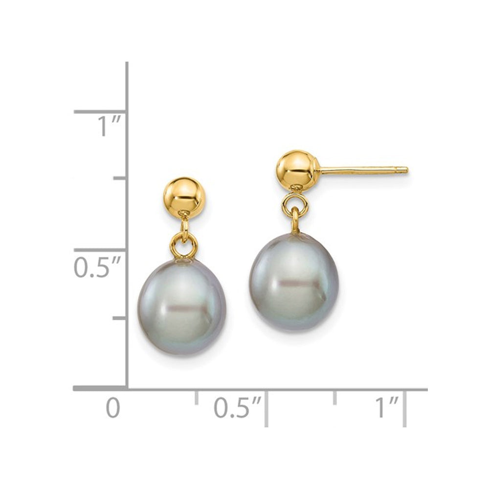 14K Yellow Gold Grey Rice Freshwater Cultured Pearl (8-9mm) Dangle Earrings Image 2