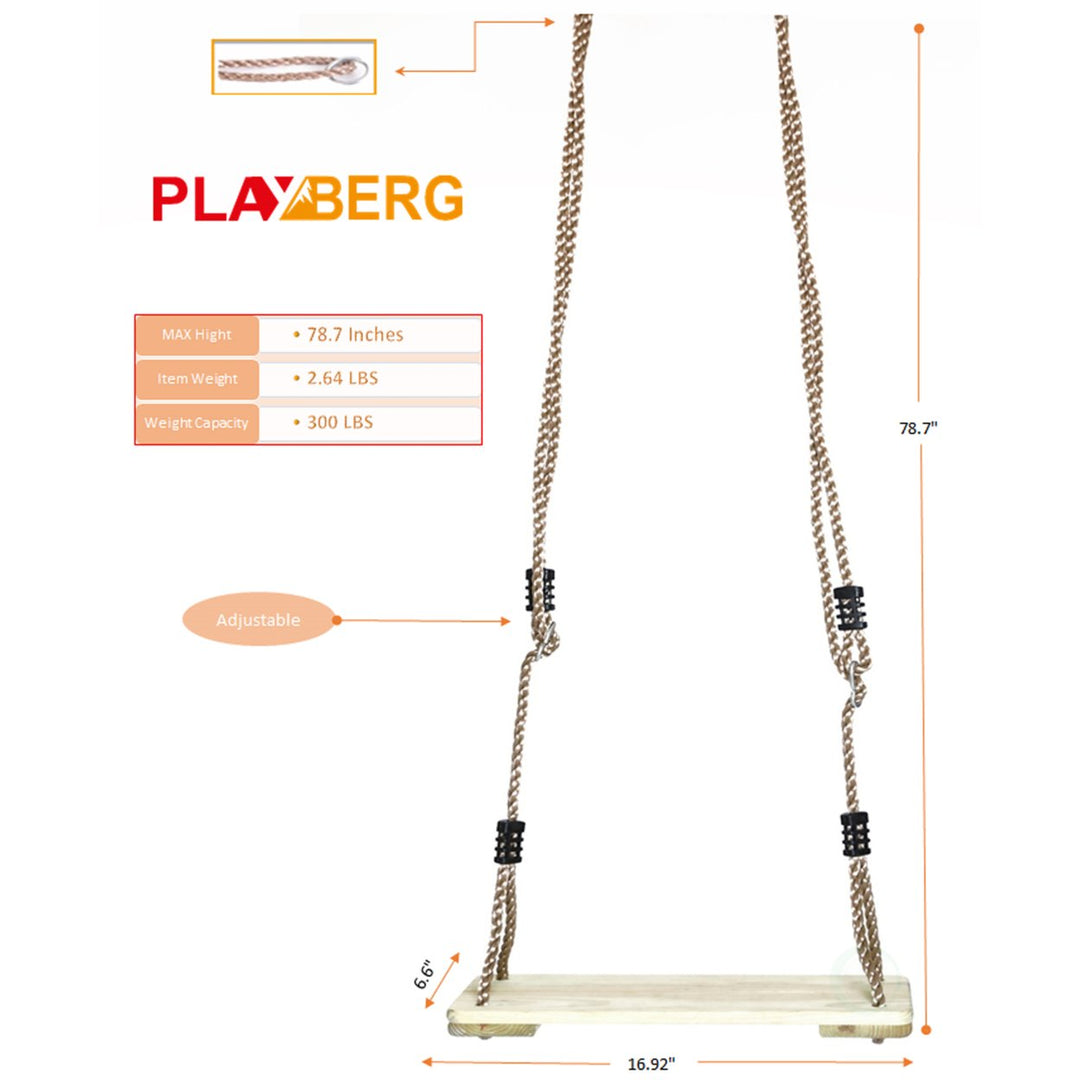 PLAYBERG Wooden Tree Swing for Kids and Adults Adjustable Rope 17.5" Natural Wood Image 4