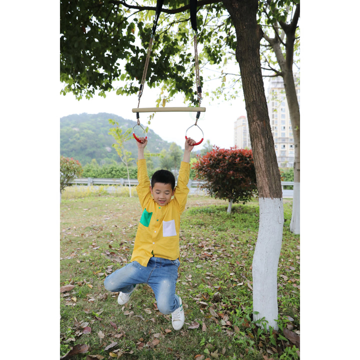 Kids Trapeze Swing Bar with Rings Adjustable Ropes for Outdoor Play 22.5in Image 2