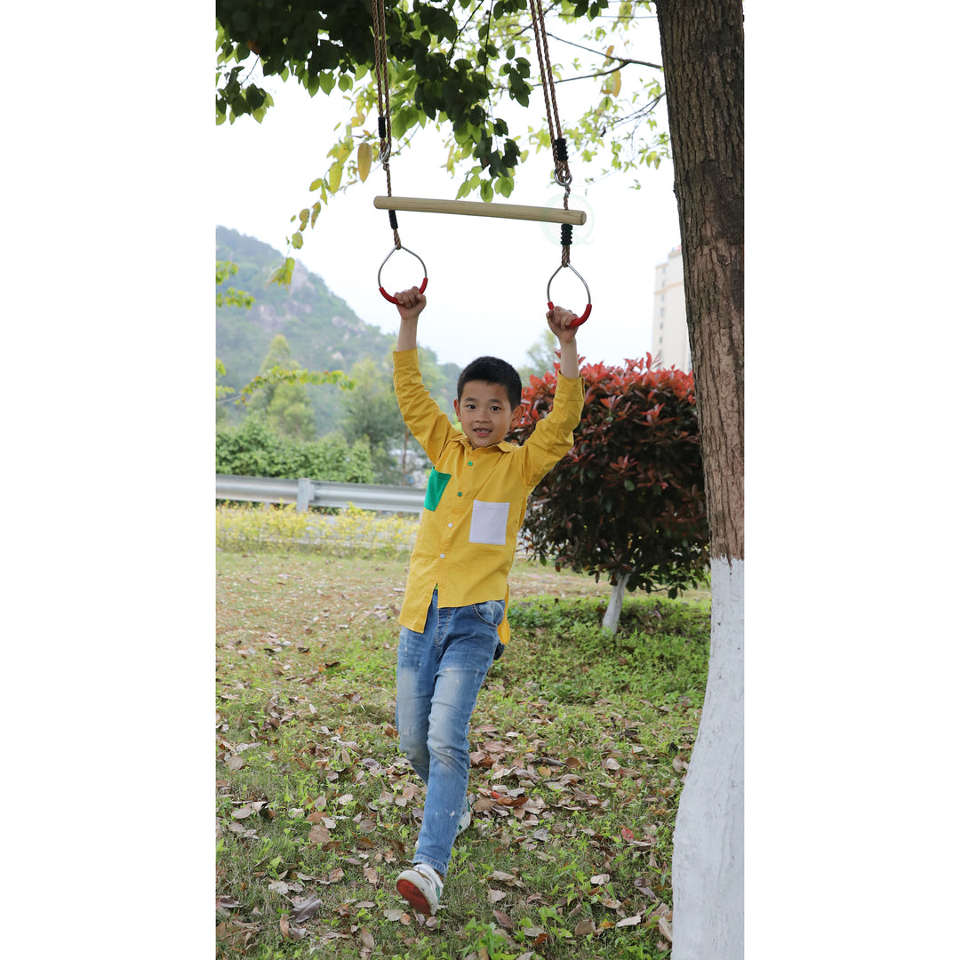 Kids Trapeze Swing Bar with Rings Adjustable Ropes for Outdoor Play 22.5in Image 3