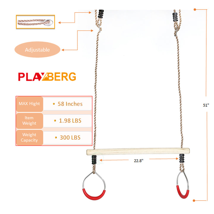 Kids Trapeze Swing Bar with Rings Adjustable Ropes for Outdoor Play 22.5in Image 7