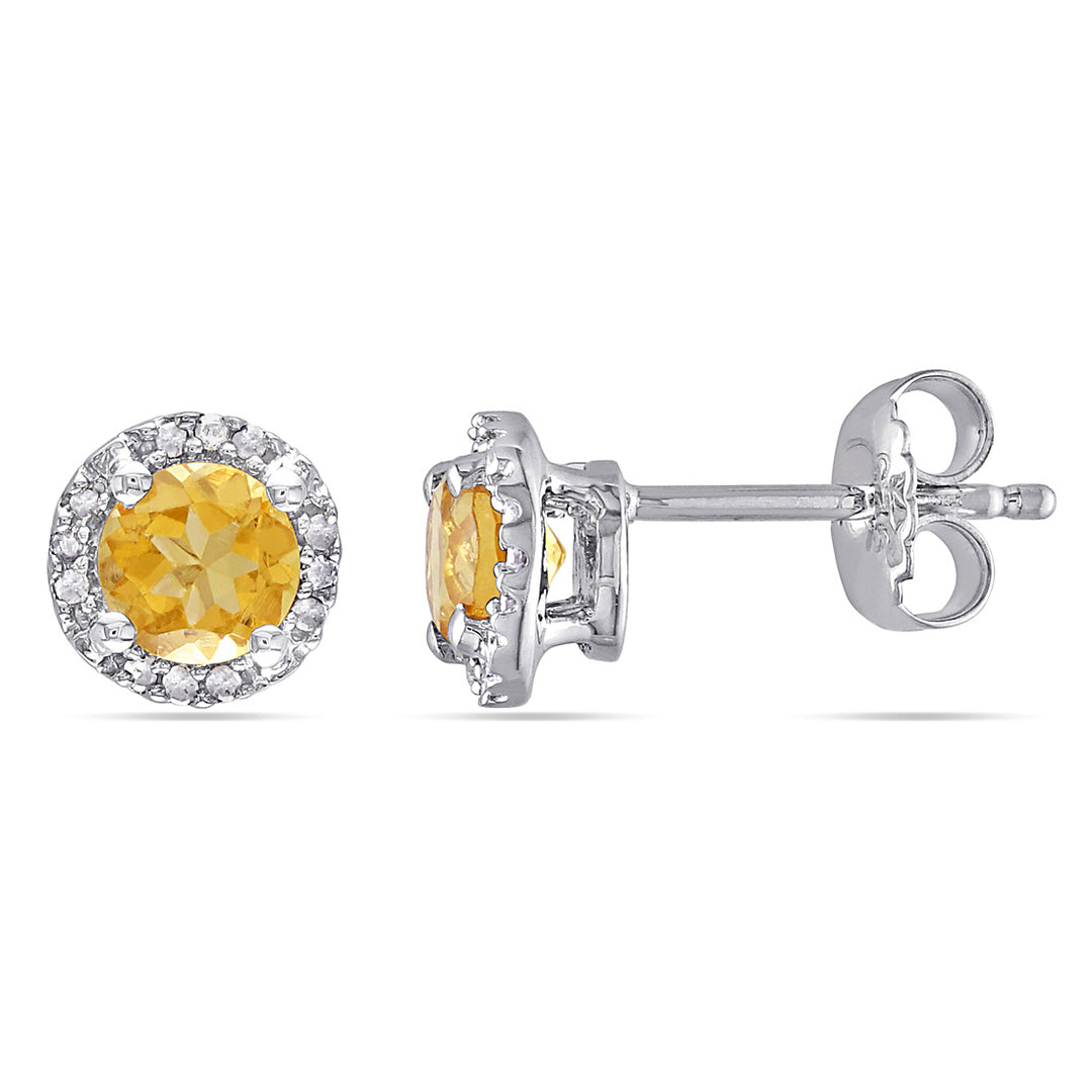 4/5 Carat (ctw) Citrine Halo Earrings in Sterling Silver with Accent Diamonds Image 1