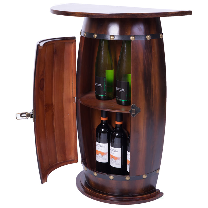 Rustic Lockable Barrel Shaped Wine Cabinet Wooden End Table for 10 Bottles Image 1