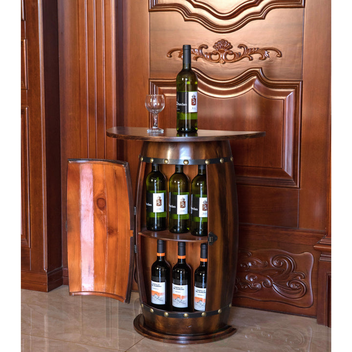 Rustic Lockable Barrel Shaped Wine Cabinet Wooden End Table for 10 Bottles Image 2