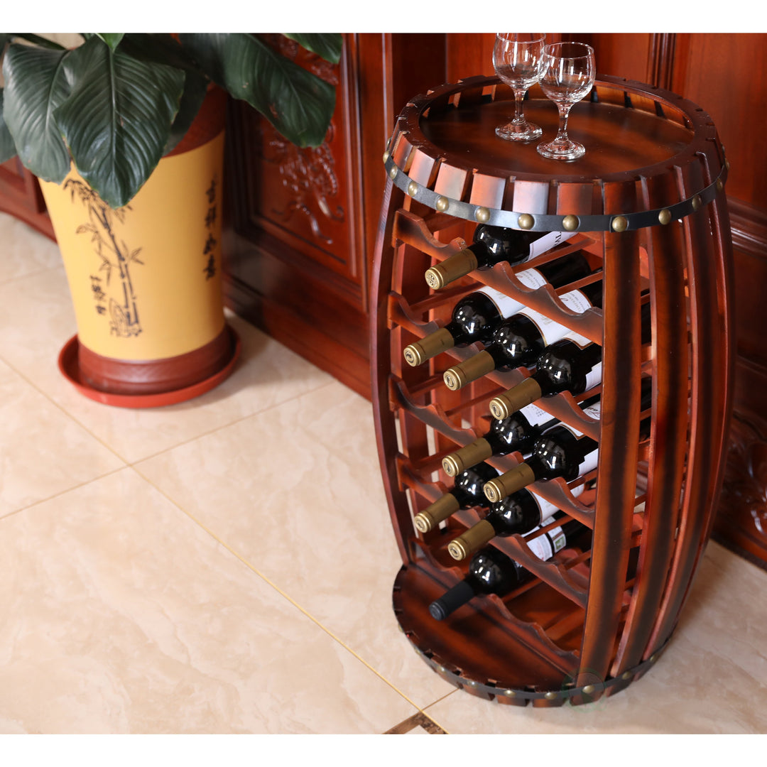 Rustic Wooden Wine Rack Barrel Shape Holds 23 Bottles Vintage Image 4