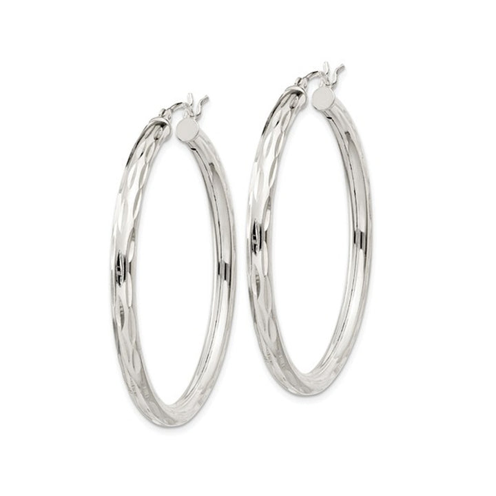 Sterling Silver Large Diamond Cut Satin Polished Hoop Earrings (1 3/4 Inches) Image 3