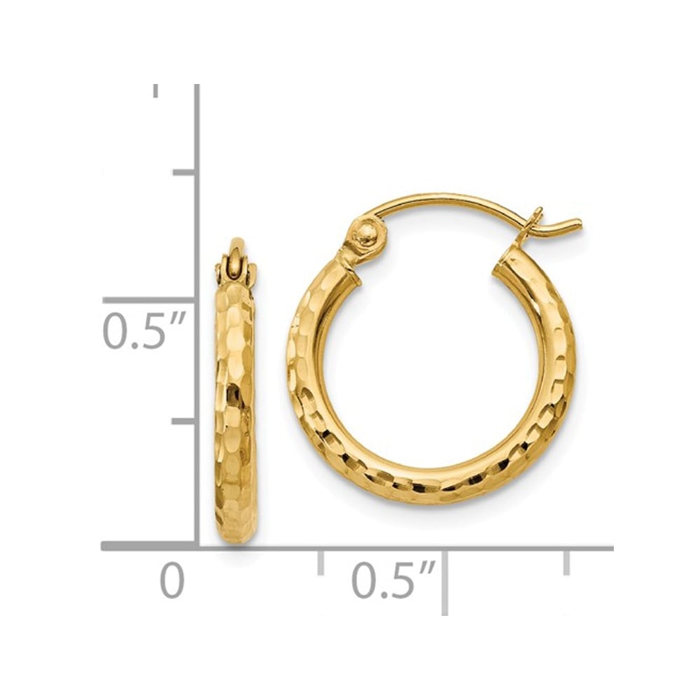 14K Yellow Gold Small Diamond Cut Hoop Earrings 1/2 Inch (2.00 mm) Image 3