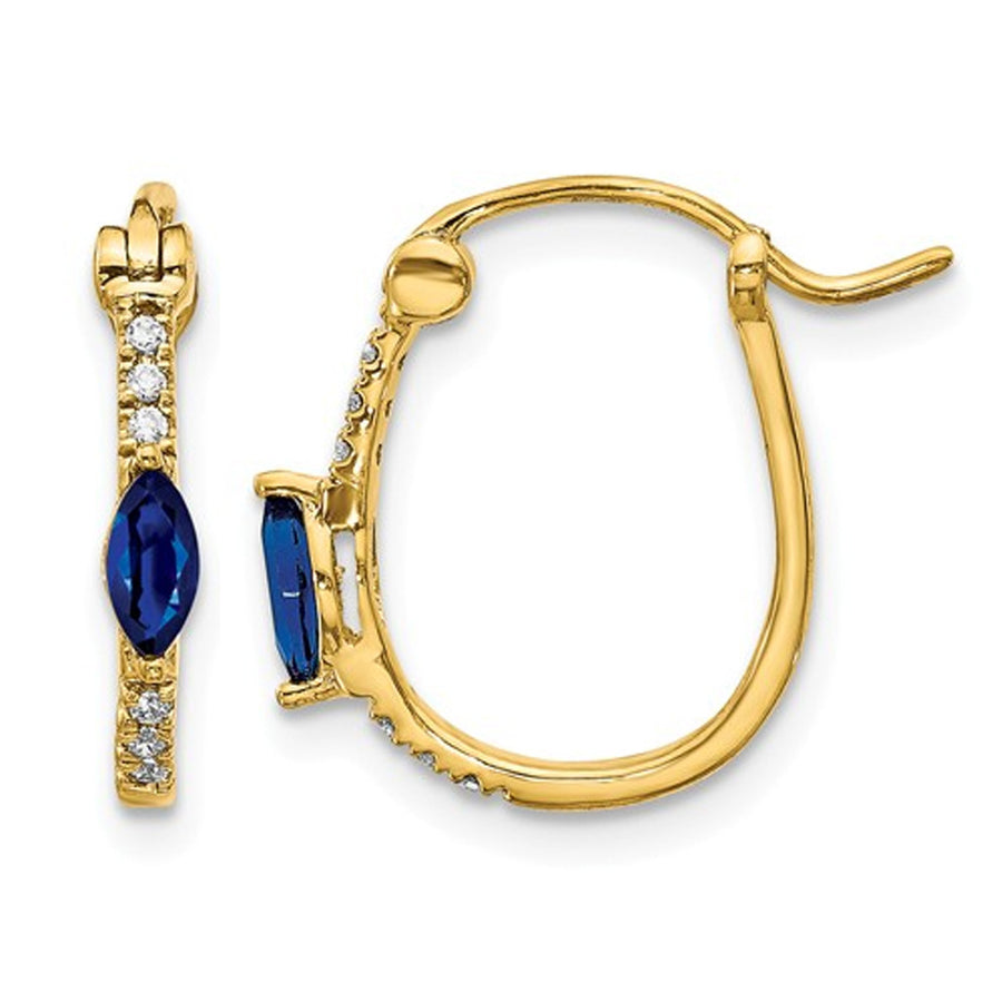1/3 Carat (ctw) Blue Sapphire Hoop Earrings in 14K Yellow Gold with Accent Diamonds Image 1
