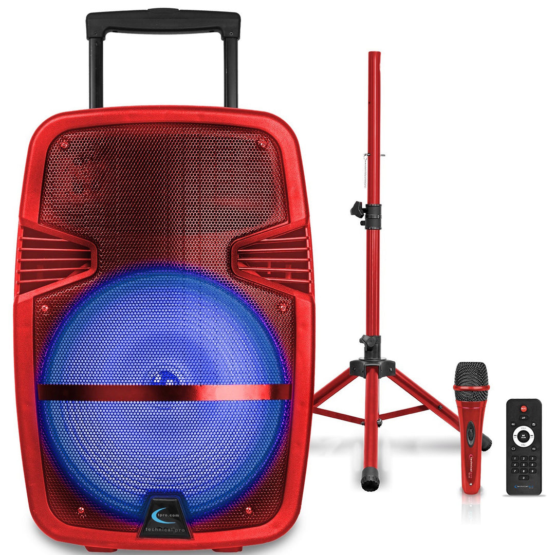 Technical Pro Bluetooth Loudspeaker 3000W 15 Inch Rechargeable Red Tripod Mic Image 1