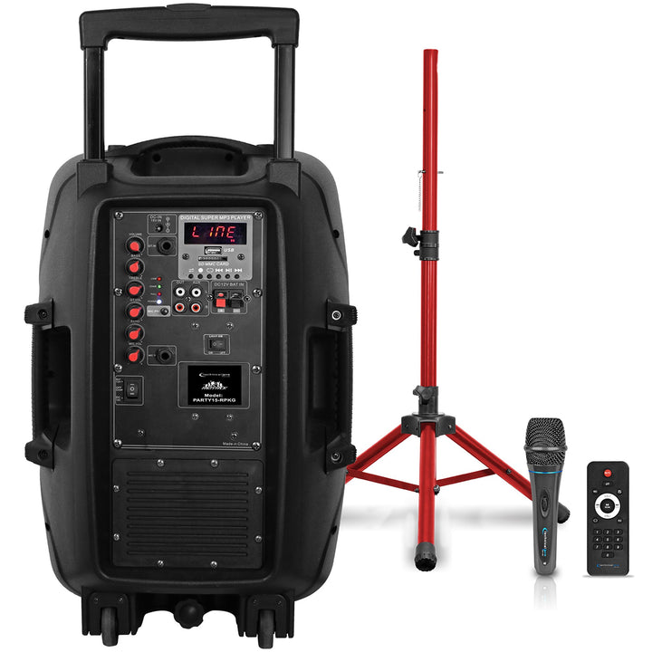 Technical Pro Bluetooth Loudspeaker 3000W 15 Inch Rechargeable Red Tripod Mic Image 2