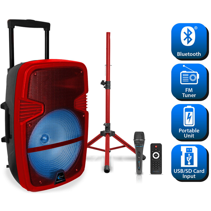 Technical Pro Bluetooth Loudspeaker 3000W 15 Inch Rechargeable Red Tripod Mic Image 3