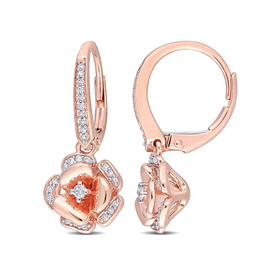 1/5 Carat (ctw) Diamond Flower Dangle Earrings 10K Rose Pink Gold Image 1