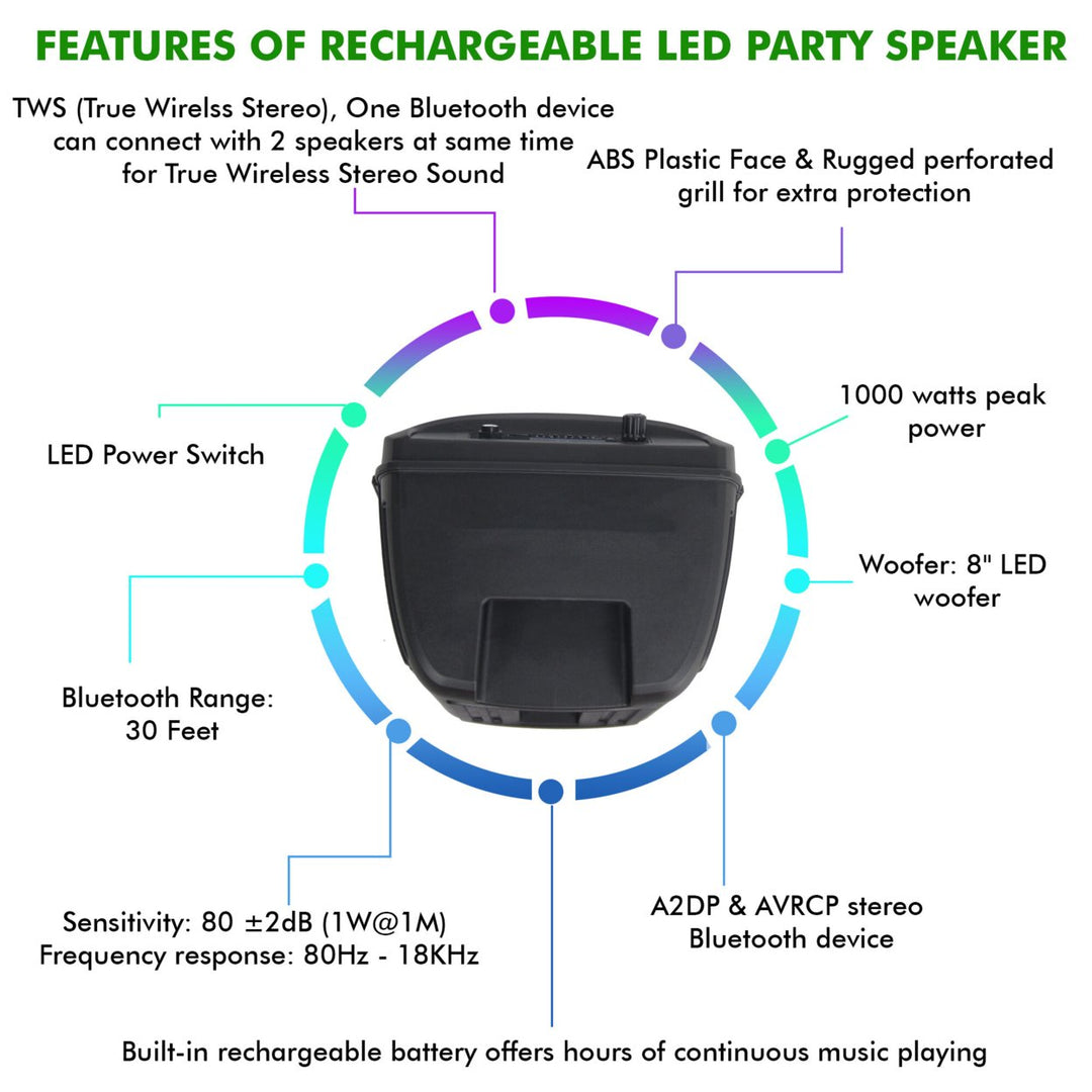 Technical Pro 8 Inch 1000W Portable Bluetooth Speaker with LED Woofer Tweeter Image 4