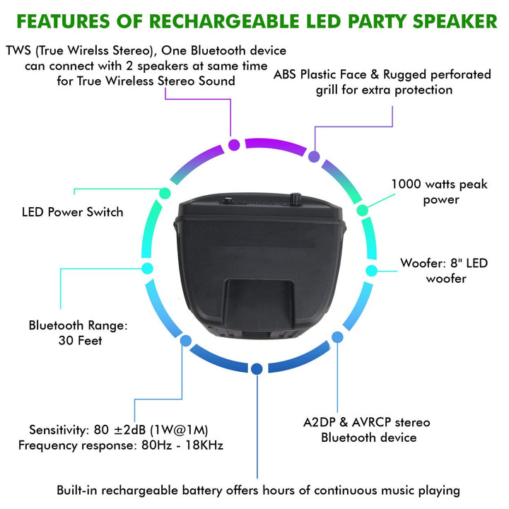 2 Set Technical Pro 8 Inch Portable 1000 watts Bluetooth Speaker w/ Woofer and Tweeter Party PA LED Speaker w/ Image 4