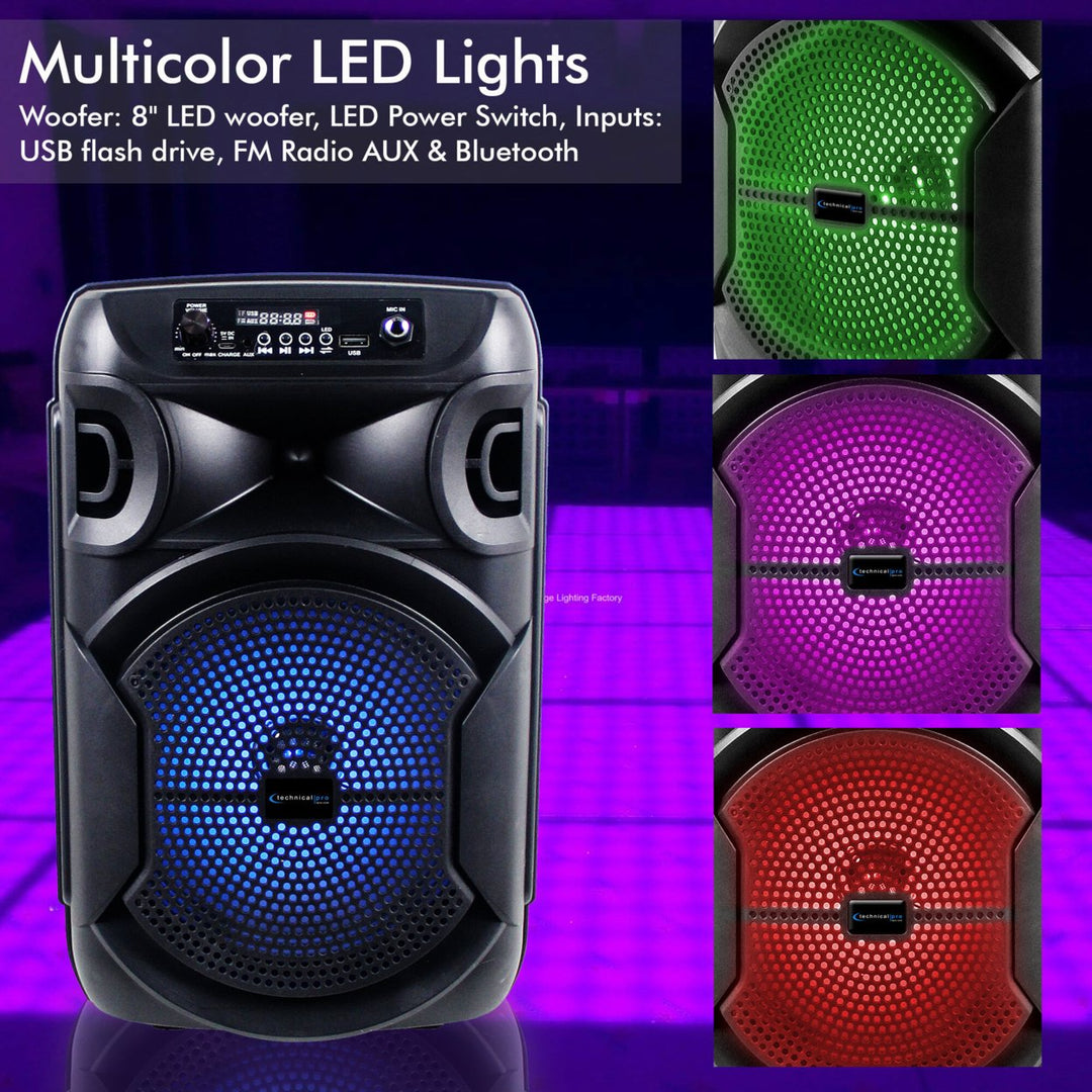 2 Set Technical Pro 8 Inch Portable 1000 watts Bluetooth Speaker w/ Woofer and Tweeter Party PA LED Speaker w/ Image 6