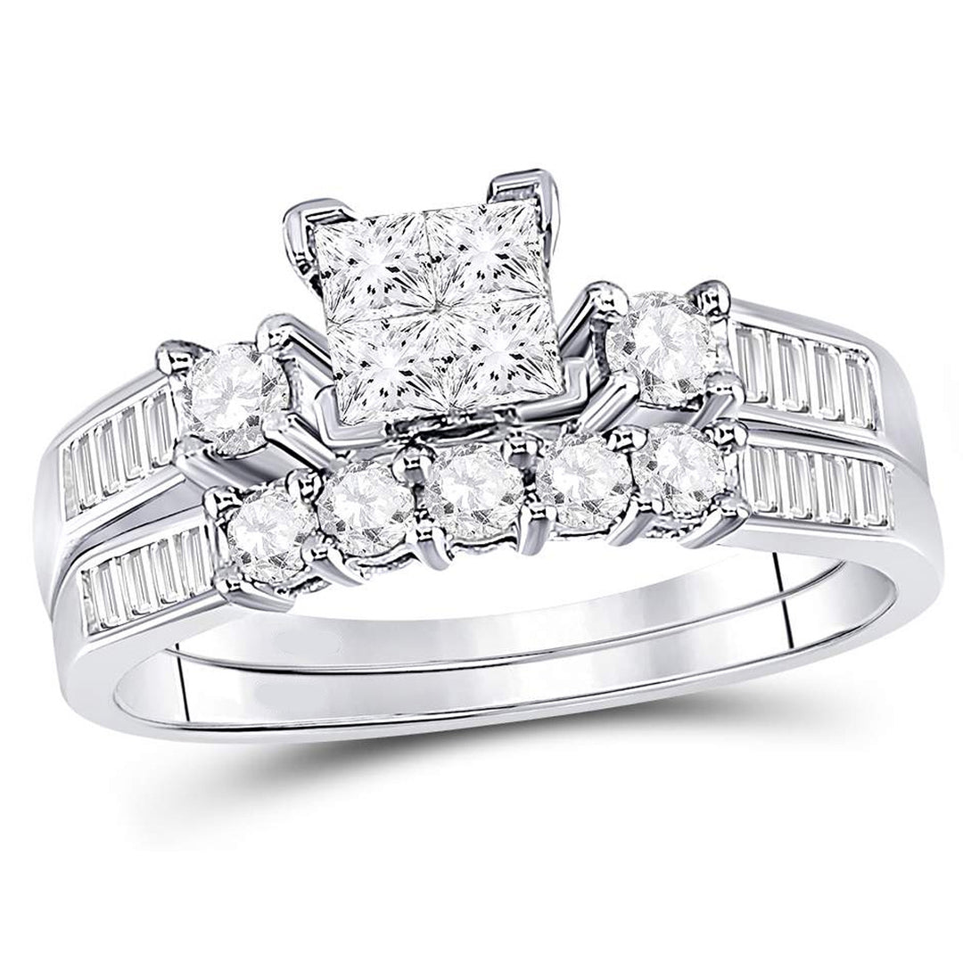 7/8 Carat (Color H-II1-I2) Princess Cut Diamond Engagement Ring Bridal Wedding Set in 10K White Gold Image 1