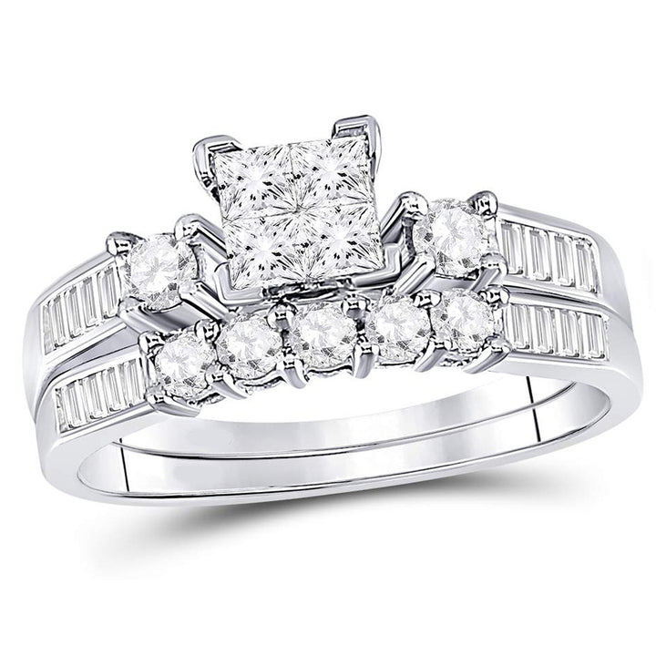 7/8 Carat (Color H-II1-I2) Princess Cut Diamond Engagement Ring Bridal Wedding Set in 10K White Gold Image 1