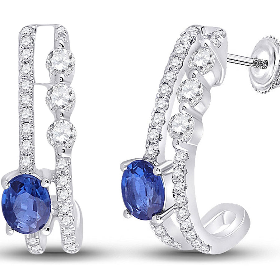 1/2 Carat (ctw) Natural Blue Sapphire J-Hoop Earrings in 14K White Gold with Diamonds Image 1