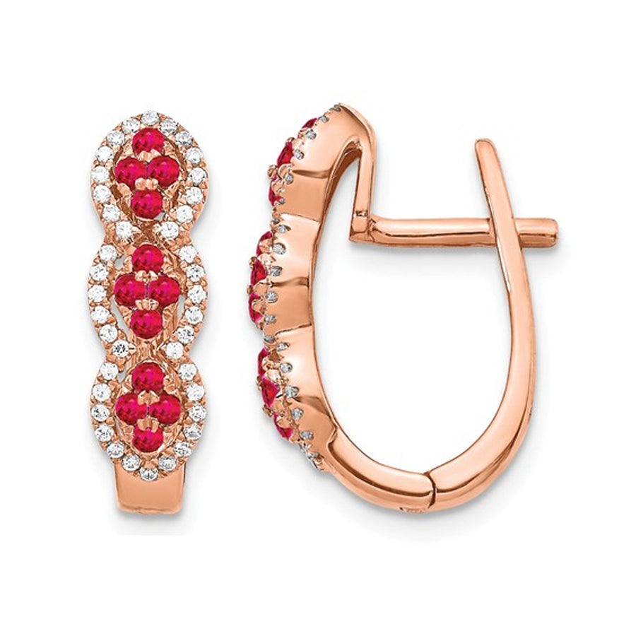 3/10 Carat (ctw) Natural Ruby and Diamond 1/4 Carat (ctw) Hoop Earrings in 14K Rose Pink Gold Image 1