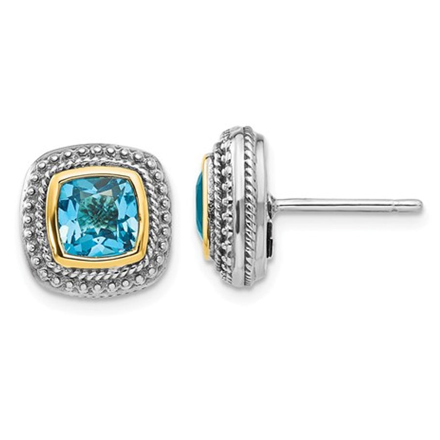 6mm Cushion Cut Blue Topaz Post Earrings in Sterling Silver with 14K Gold Accent Image 1